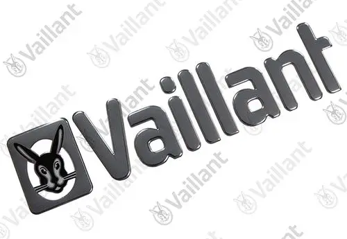 Vaillant Firmenschild in 3D mit einem Hasen-Logo in einem rechteckigen Rahmen. Die Buchstaben sind glänzend und leicht erhaben gestaltet.